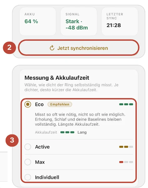 Ring-Seite mit Akku, Signal, letztem Sync, Knopf „Jetzt synchronisieren“ (2) und Messprofilen (3)