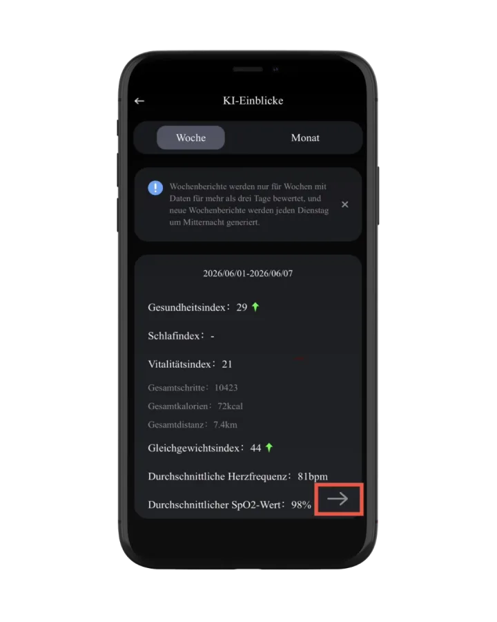 MYnextRING App — KI-Einblicke Wochenbericht mit Gesundheits-, Schlaf- und Vitalitätsindex